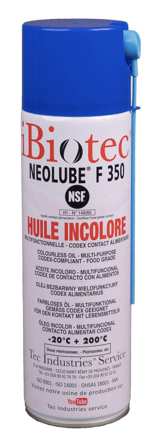 huile blanche, inodore, incolore, sans saveur, Codex, alimentaire, certifiée NSF pour lubrification de mécanismes de précision. aerosol huile blanche, aerosol huile incolore, aerosol huile contact alimentaire, huile de lubrification alimentaire, aerosol huile ibiotec, huile blanche de lubrification, huile NSF. fabricants lubrifiants industriels, fournisseurs lubrifiants industriels. huile de précision, huile codex, lubrifiant alimentaire, huilage blocs de plongée, huilage bouteille de plongée. Aerosols techniques. Aerosols maintenance. Fournisseurs aérosols. Fabricants aérosols